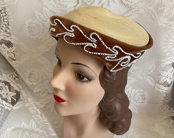 Vintage 1950's Hat Medium Cream Color With Light Brown Velvet White Bead Adornment