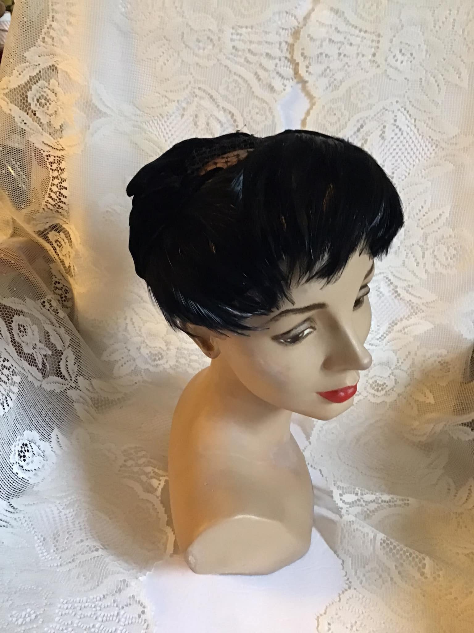 Vintage 1950's Hat Black Velvet And Genuine Feathers Hat *Made In France* Sold As Is!
