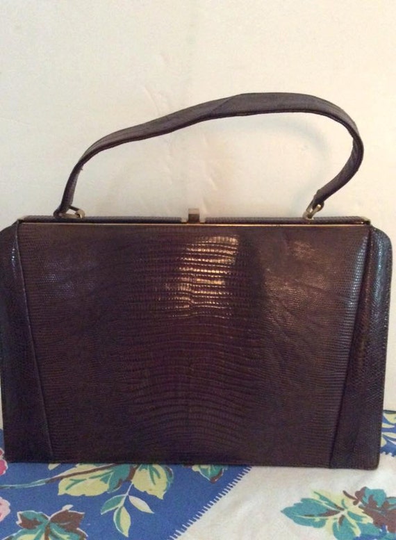 Vintage 1950s Handbag Purse Genuine Leather Repti… - image 1