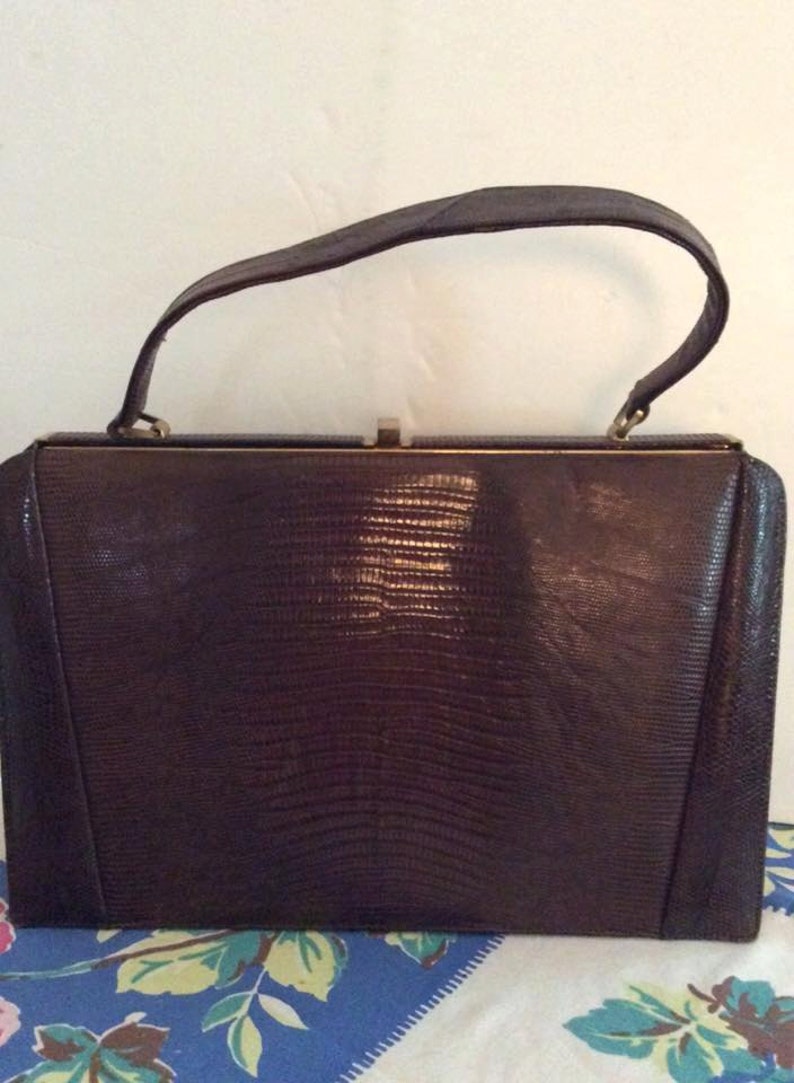 Vintage 1950s Handbag Purse Genuine Leather Reptile Embossed Escort Bag Label image 1