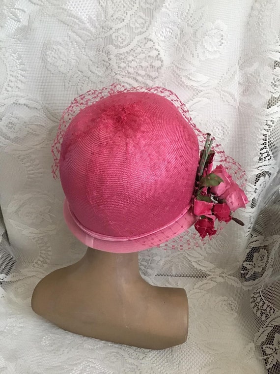 Vintage 1960's Hat Pink Straw With Pink Flowers N… - image 7