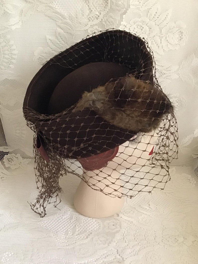 Vintage 1940's Hat RARE Tall Tilt Hat Dark Brown With Genuine Rabbit Fur Thick Veiling Art Deco image 5