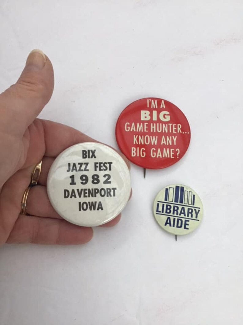 Vintage 1980/'s Pinback Buttons Group Lot Of 3 All Sold Together Jazz FestLibrary AideHunting
