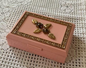 Vintage 1950's Jewelry Box Small Mini Size Plastic Adorned With Flowers Leaves Pink Rhinestones