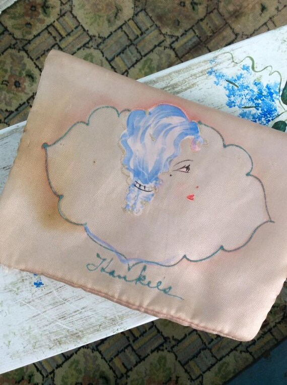 Vintage 1920s 1930s Hankie Pouch Hand Painted Lady