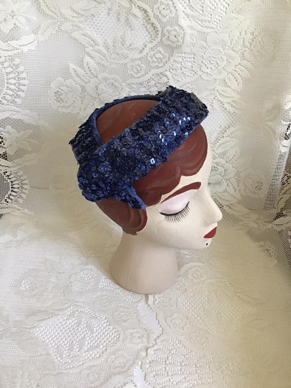 Vintage 1950's Hat Blue Sequins And Velvet No Mak… - image 1