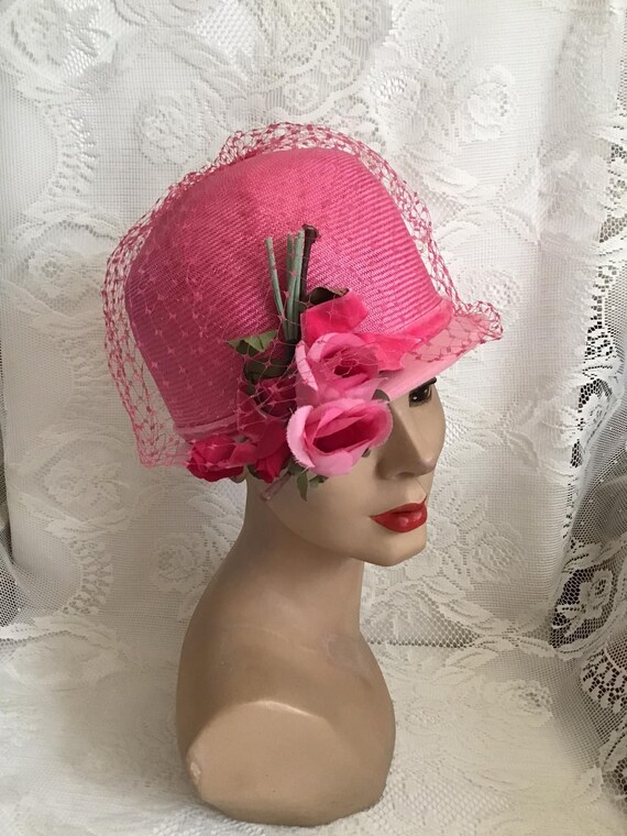 Vintage 1960's Hat Pink Straw With Pink Flowers N… - image 6