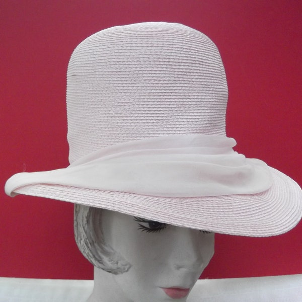 Vintage 1960s Hat Designer Oleg Cassini Light Pink Straw Large Brim