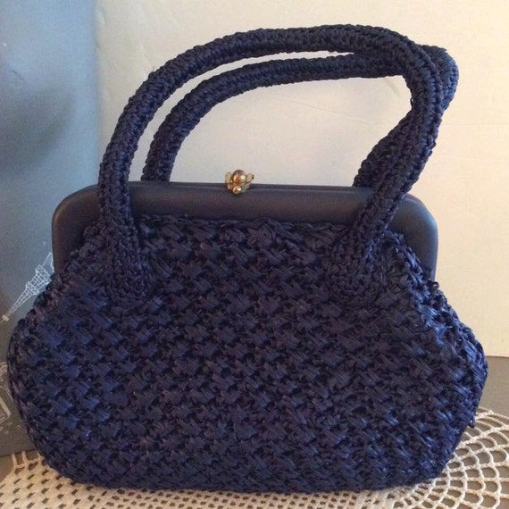 Vintage 1950s 1960s Handbag Purse Blue Cellophane Straw Styled By Forsum Label