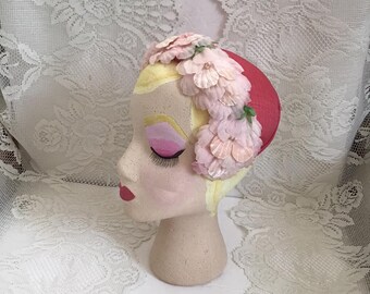 Vintage 1950's 1960's Hat Dark Pink With Light Pink Floral Flowers