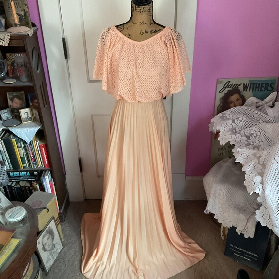 Vintage 1970's 1980's Dress Long Style Peach Color Polyester Lace Top Polyester Knit Dress With Accordian Pleats *JCPenney Fashions*