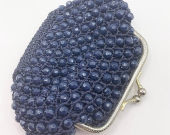 Vintage 1970's Pouch Coin Purse Blue Plastic Beads Handmade In Hong Kong