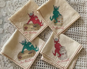 Vintage 1940's Napkins Four Fabric Cocktail RARE One Of A Kind Hand Painted *Imps/Pixies* Tobacciana Collectible Sold As Is!!