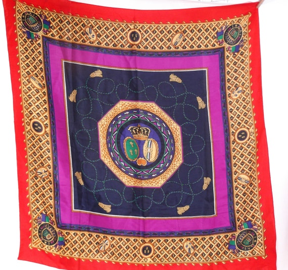 Vintage 1980s Scarf Large Square Red Blue Purple … - image 1