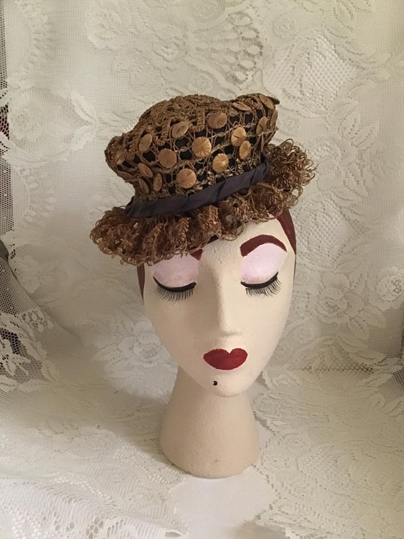 Vintage 1940's Hat RARE Unique Light Brown Straw Art Deco Tilt Style Hat *New York Creation* Label