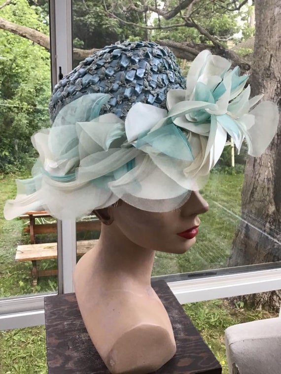 Vintage 1950s 1960s Hat Light Blue Cellophane Str… - image 3