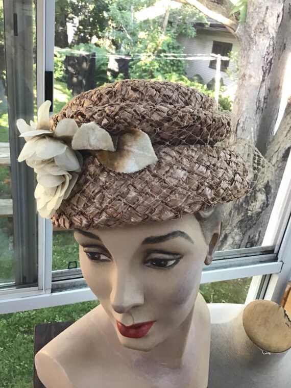 Vintage 1950s 1960s Hat Cellophane Straw With Vei… - image 5