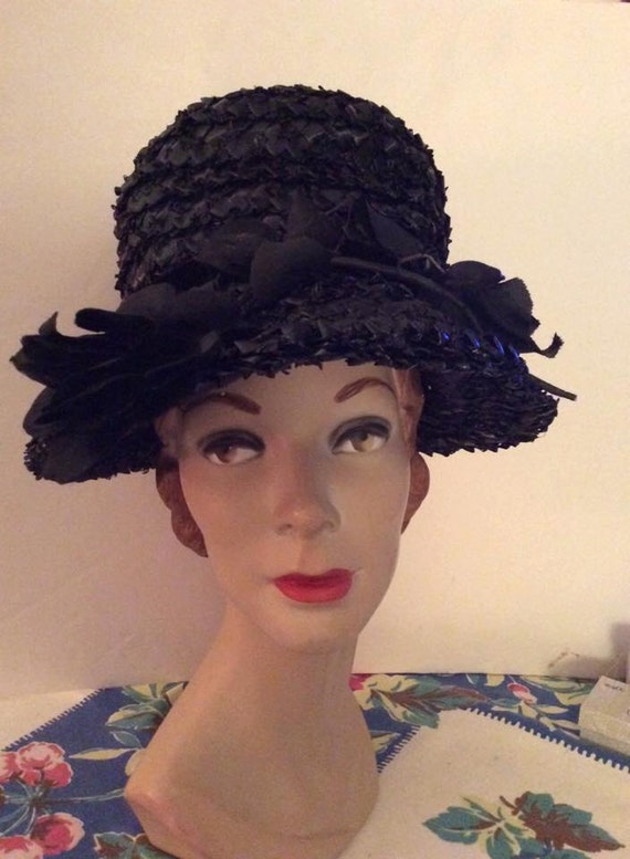 Vintage 1950s Hat Black Bucket Straw With Black Ro