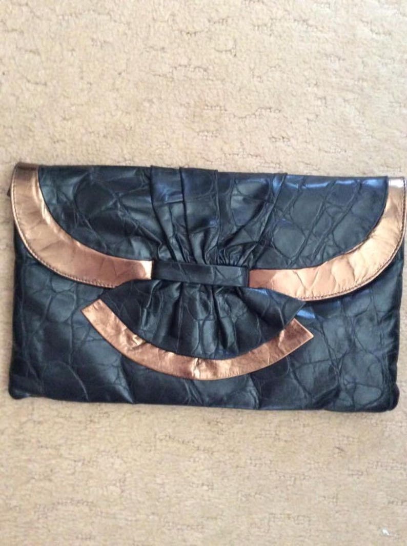 Vintage 1980s Clutch Bag Purse Black & Copper Color Genuine Embossed Leather Fully Lined image 1