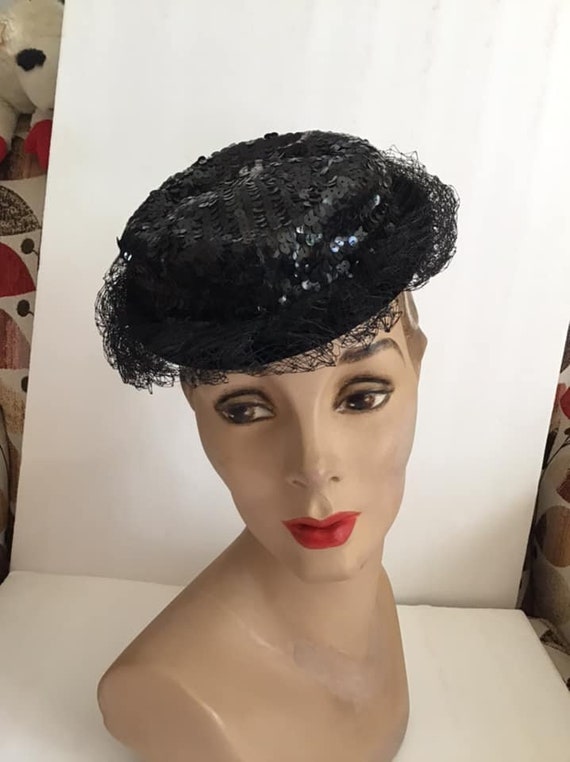 Vintage 1950's Hat Dark Black Velvet And Adorned … - image 4