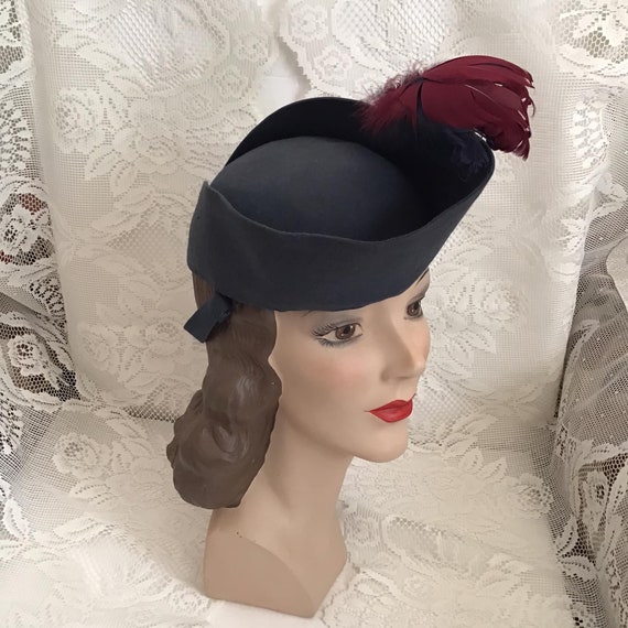 Vintage 1940's Hat Steele Blue Gray Felt Art Deco… - image 2