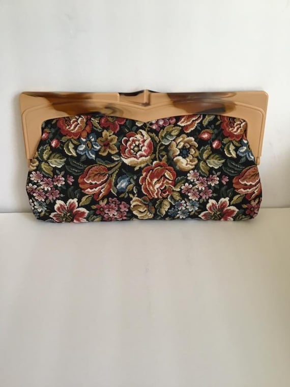 Vintage 1970's Clutch Hand Bag Purse Floral Fabri… - image 1