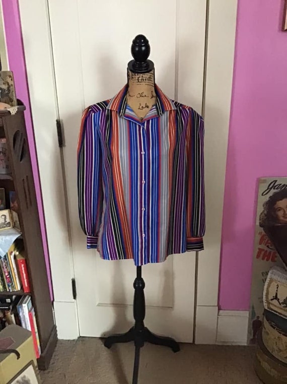 Vintage 1970's Blouse Top Multi-Color Stripe Long 