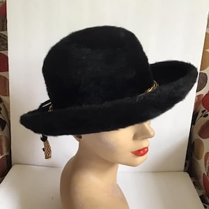 Vintage 1950&#39;s 1960&#39;s Hat *Mr. John Classic* Dark Black Faux/Fake Fur Felt Gold Color Adornment Around Crown