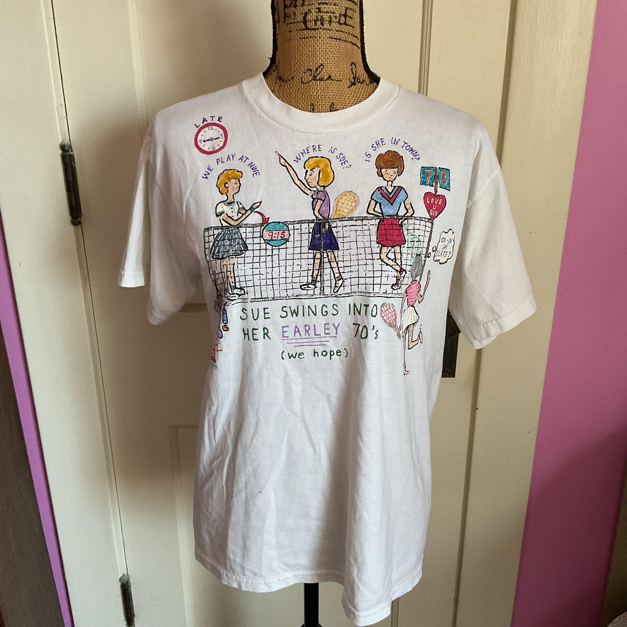 1980年代、1990年代のヴィンテージTシャツ、トップ、手描き、テニスを 