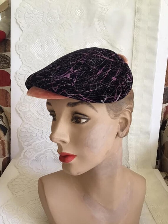 Vintage 1950's Hat Black Velvet Hat With Off Whit… - image 7