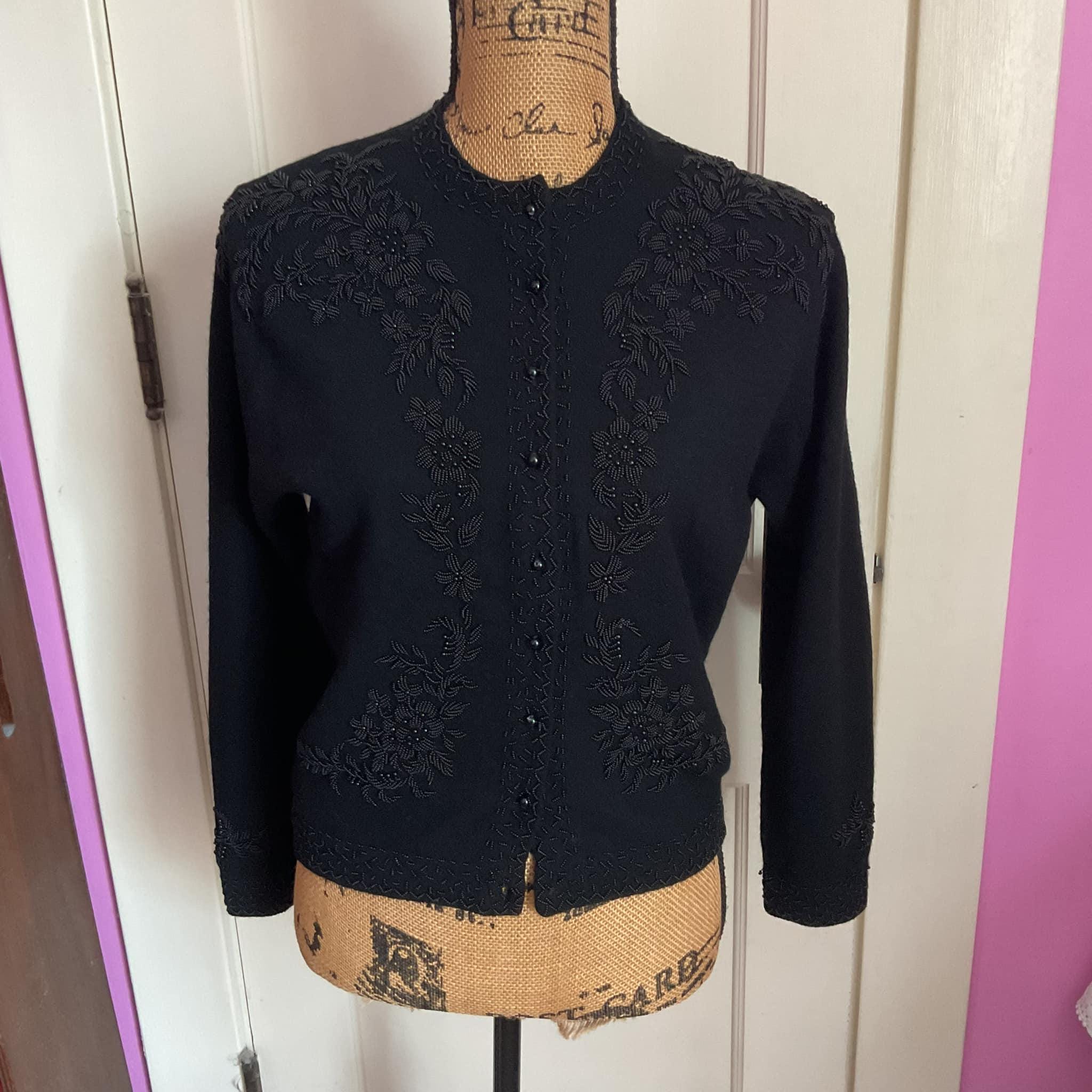 Vintage 1950's 1960's Sweater Cardigan Dark Black Beaded *A.A.