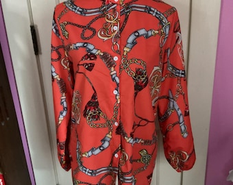 Vintage Y2K Blouse Top Long Sleeve Orange Color With Design Buttons Closed Down The Front Elastic Sleeve Cuffs No Size Tag