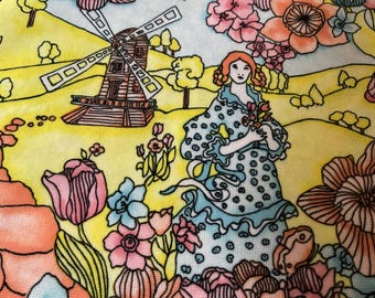 Vintage 1970's Fabric Polyester Bright Colors Yellow Peach Light Blue Flowers Windmills Ladies Pattern (3 1/2 Yards X 58") ALL Sold Together