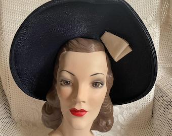 Vintage 1940's 1950's Hat Dark Blue Straw Wide Brim Off White Trim No makers Label