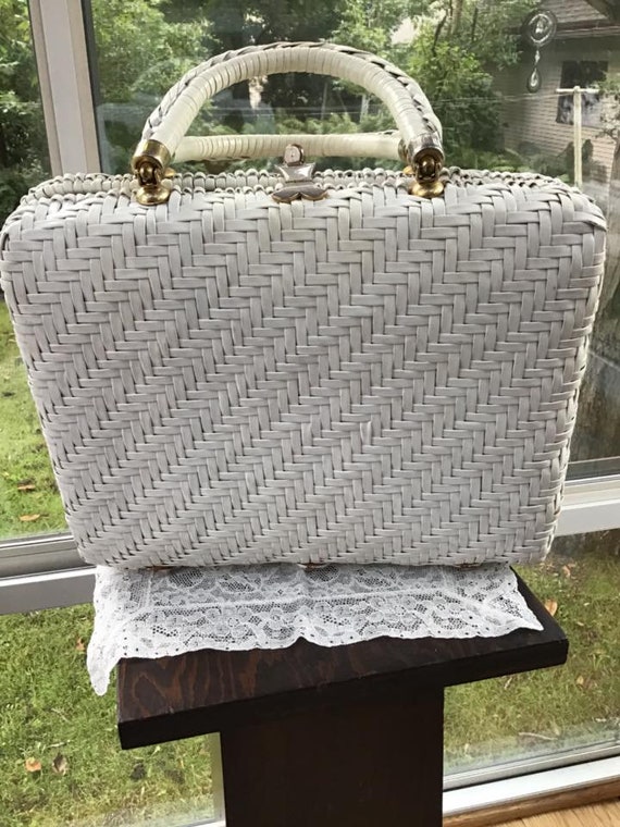 Vintage 1960s Handbag Purse White Wicker With Vel… - image 6