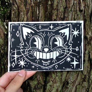 Vintage Style Cat Linocut Block Print, 4&quot;x6&quot;, Handmade, Whimsical Art, Black And White, Home Decore, Printmaking, Halloween, Fall
