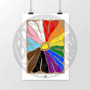 Può includere: Una stampa artistica da parete rettangolare con una forma circolare gialla centrale circondata da petali ondulati e radianti multicolori nelle tonalità bianco, rosa, azzurro, marrone, nero, viola, blu, verde, giallo, arancione e rosso su sfondo beige.