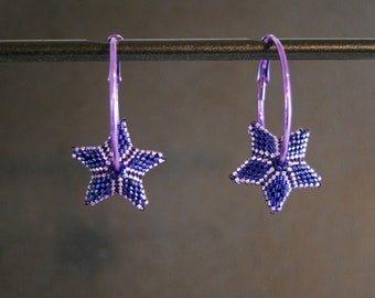 Purple Geometric  Puffy Star on Purple Hoop Earrings