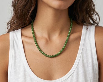 Green Jade Necklace | 6mm Round Beads | Gold or Silver Lobster Clasp