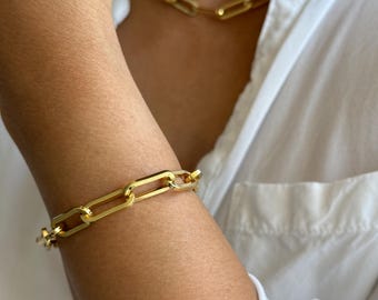 Pulsera de cadena con clip de papel chapada en oro de 24 quilates: joyería de eslabones gruesos