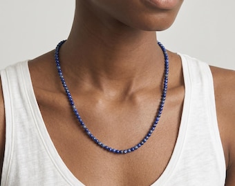 Blue Lapis Lazuli Necklace | 4mm Round Beads | Gold or Silver Lobster Clasp