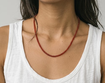 Red Agate Necklace | 4mm Round Beads | Gold or Silver Lobster Clasp