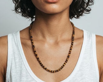 Tiger’s Eye Bead Necklace | 6mm Round Beads | Gold or Silver Lobster Clasp