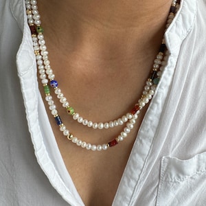 Freshwater Pearl Necklace with Millefiori & Carnelian Bead Accents Genuine Pearl Necklace, Pearl Bead Necklace, Baroque White Pearl Necklace