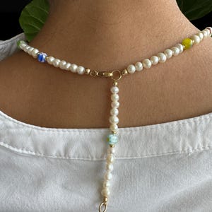 Freshwater Pearl Necklace with Millefiori & Carnelian Bead Accents Genuine Pearl Necklace, Pearl Bead Necklace, Baroque White Pearl Necklace