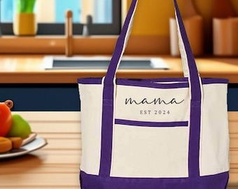 Embroidered Custom Mama Est. Date Deluxe Tote Bag, Personalized Mom Tote Bag, Pregnancy Announcement Gift, Customized Mama Est Bag