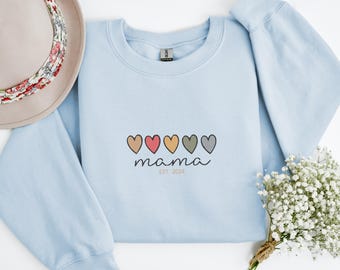Embroidered Mama Est 2024 Sweatshirt, Mama Design Sweatshirt, Mama Sweatshirt, Heart Design Embroidery Sweatshirt, Cute Mama Sweatshirt