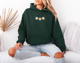 Smiley Flowers Embroidered Hoodie, Joyful Smile Hoodie, Smile Embroidery Hoodie, Smile Design Hoodie, Positive Vibes Hoodie