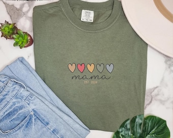 Embroidered Mama Est 2024 Tee, Mama Design T-Shirt, Mama Embroidery, Heart Design Embroidery Shirt, Cute Mama Shirt