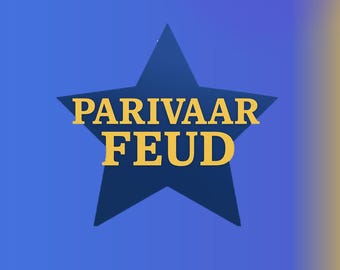 Puede incluir: Una estrella azul marino con las palabras "PARIVAAR FEUD" en letras doradas. El fondo hace una transición de azul a dorado. La imagen es un diseño gráfico.
